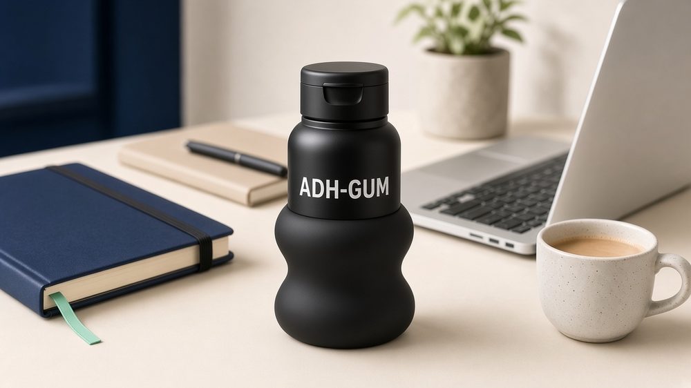 ADH-GUM bottle on a work desk