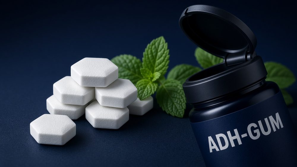 Close-up of ADH-GUM gum tablets