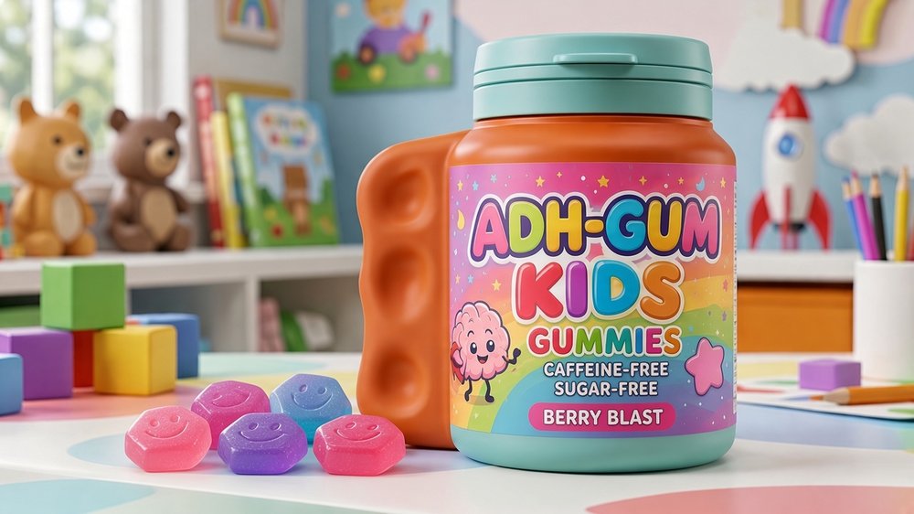ADH-GUM Kids Gummies, caffeine-free and sugar-free, Berry Blast, with hexagon smiley gummies